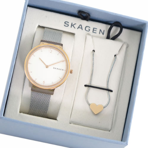 スカーゲン 腕時計 ネックレスセット レディース SKW1086 クォーツ ホワイト シルバー